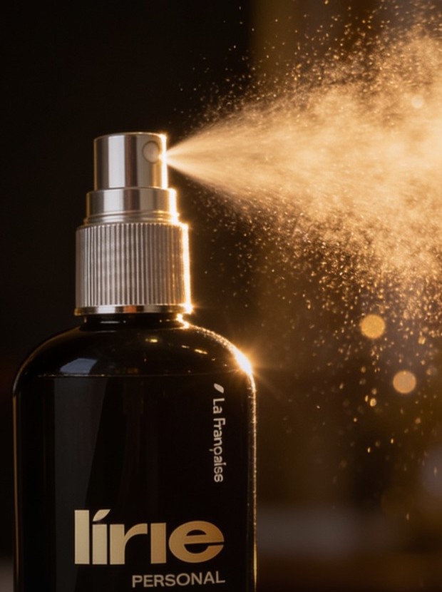Neutralizador de odores Lírie liberando micro-névoa dourada — fragrância autoral La Française